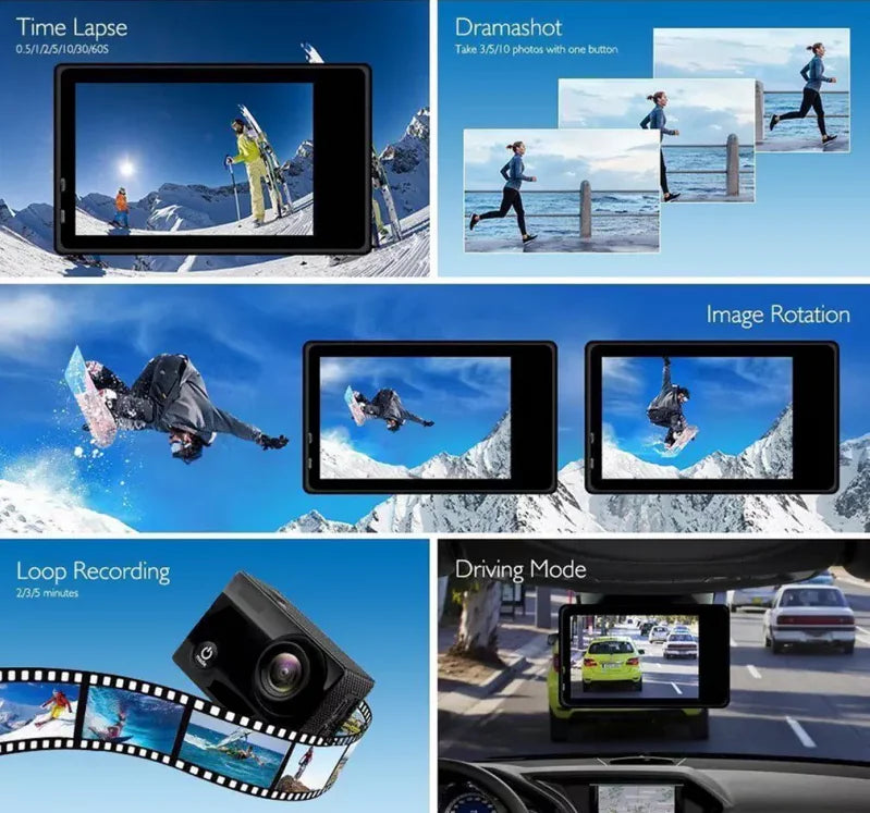 Cámara Deportiva Impermeabilizada 4K de 20 MP Grabadora de Vídeo HD 1080P con Ángulo de Visión de 170°