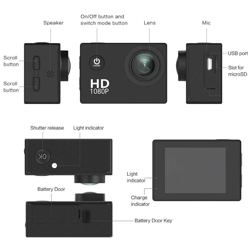 Cámara Deportiva Impermeabilizada 4K de 20 MP Grabadora de Vídeo HD 1080P con Ángulo de Visión de 170°