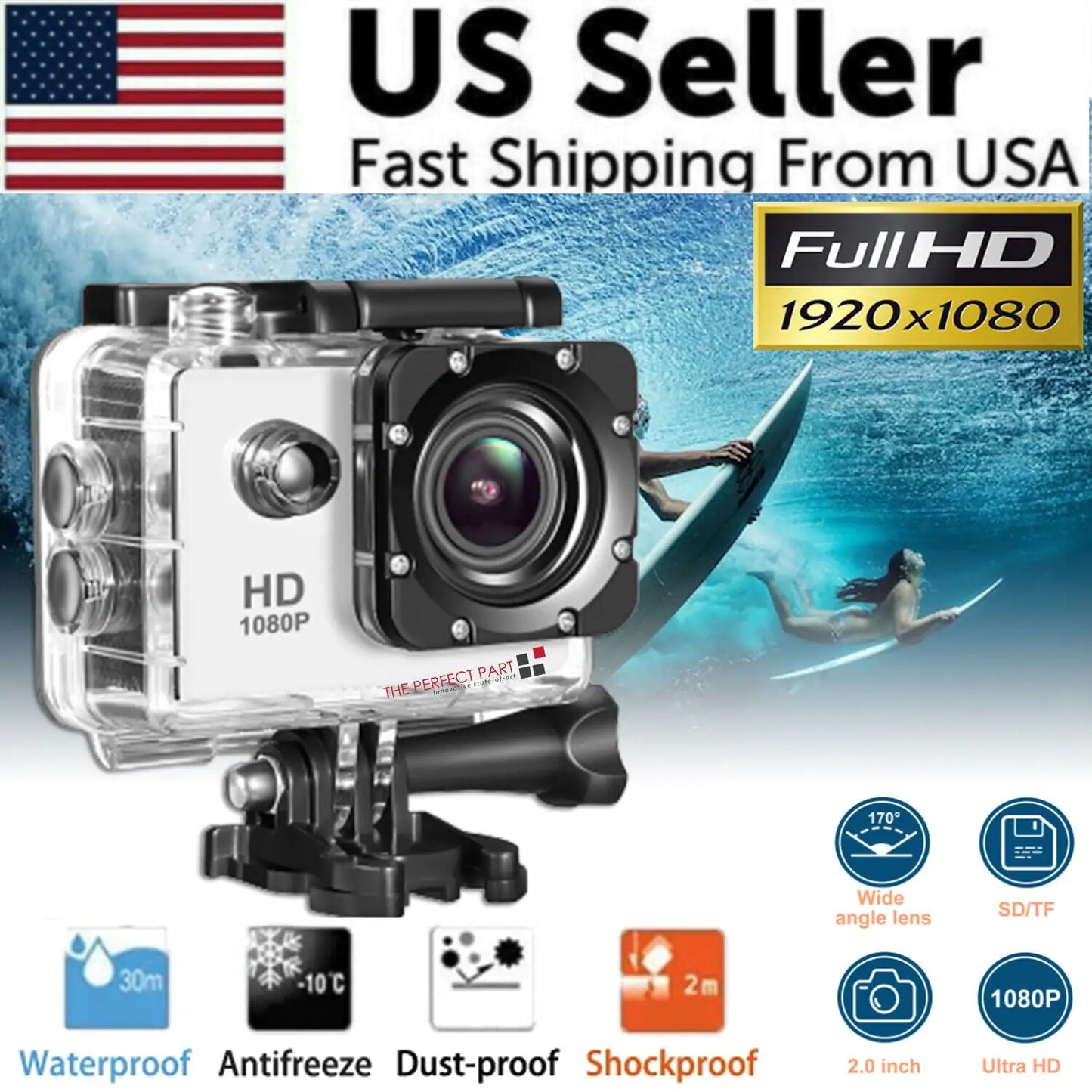 Cámara Deportiva Impermeabilizada 4K de 20 MP Grabadora de Vídeo HD 1080P con Ángulo de Visión de 170°